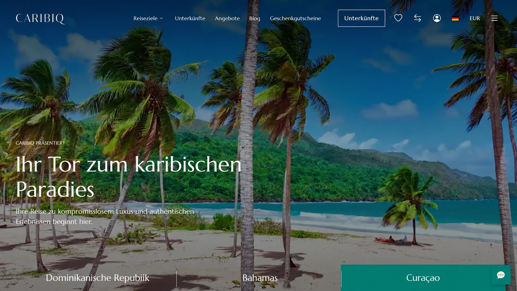 Startseite Caribiq mit der Präsentation karibischer Destinationen und Unterkünften