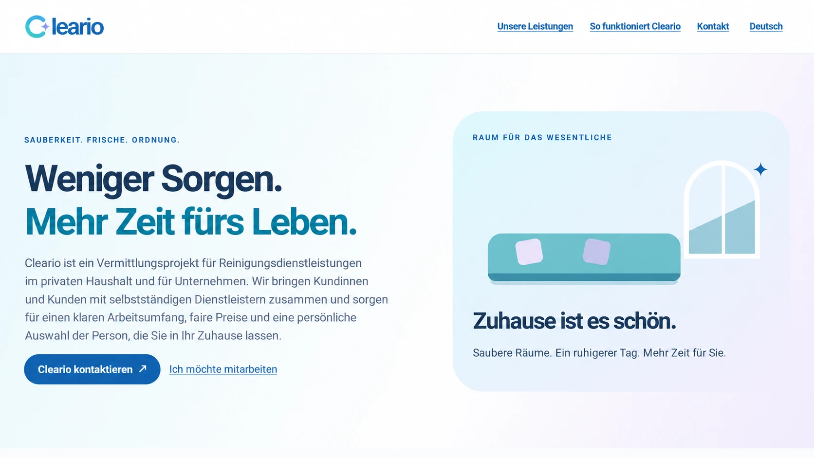 Startseite Cleario mit der Präsentation der Reinigungsdienste