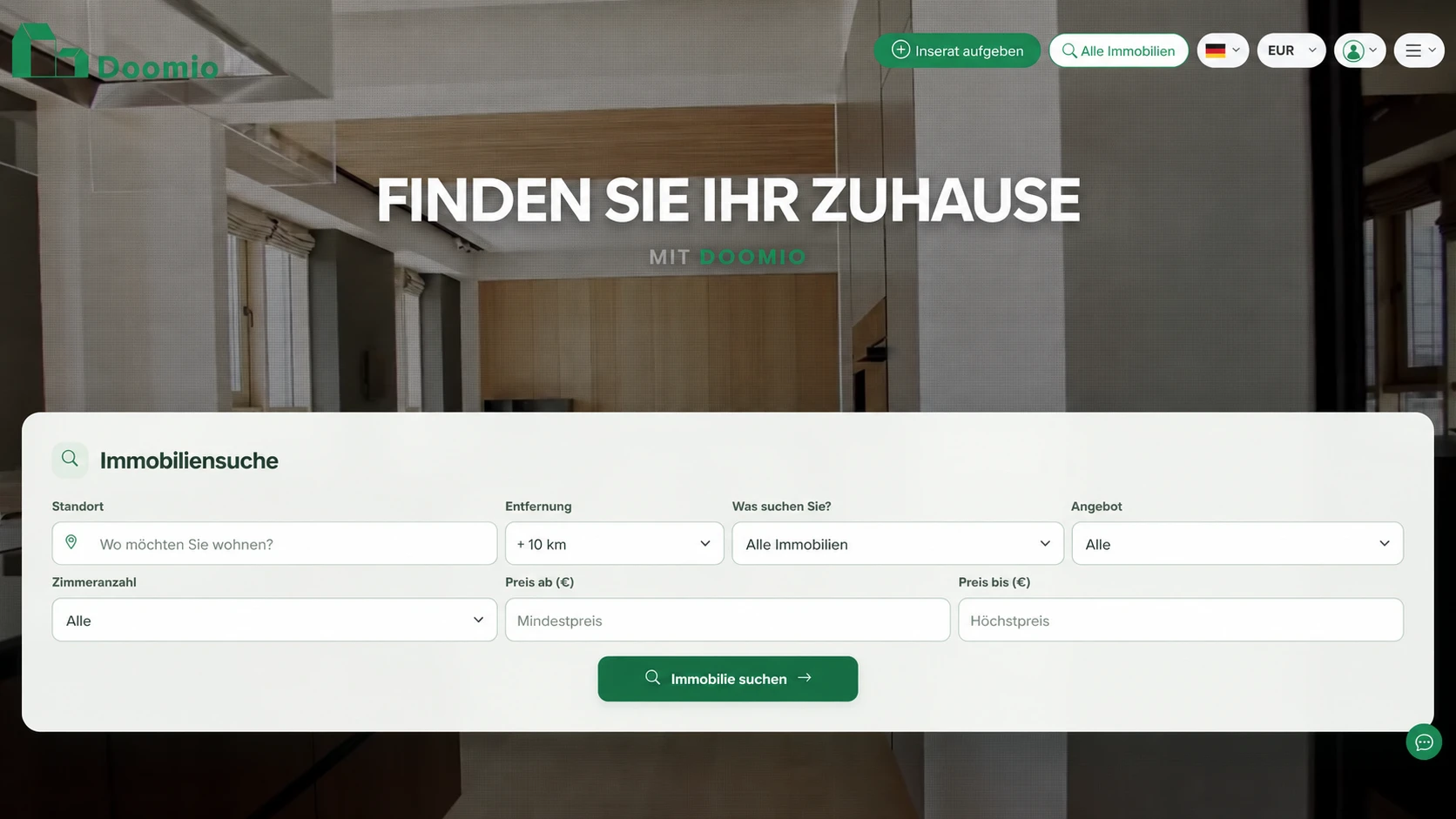 Startseite des Immobilienportals Doomio mit der Suche nach Immobilien