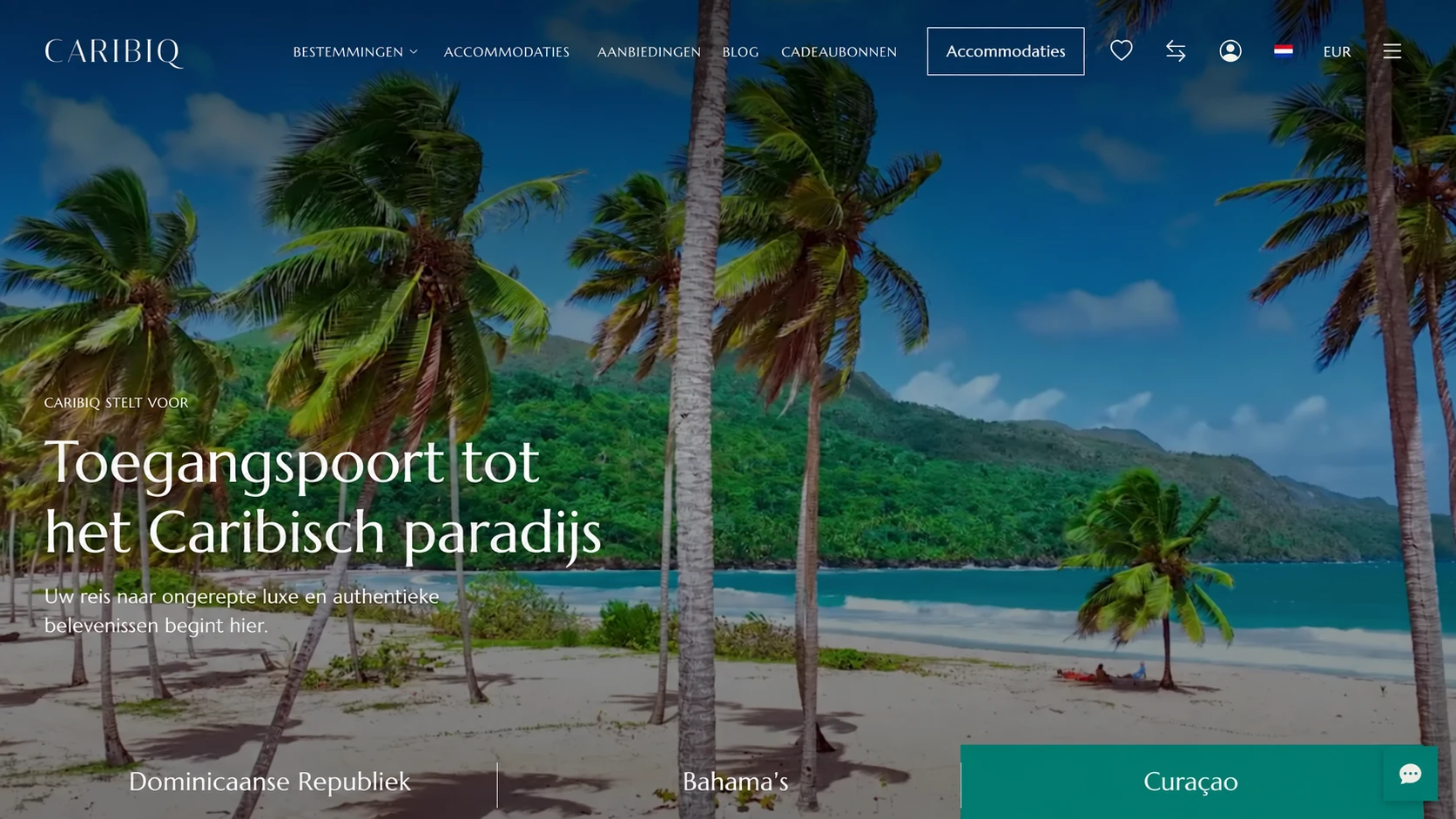 Startpagina Caribiq met presentatie van Caribische bestemmingen en accommodatie